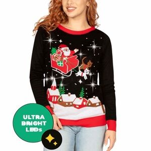 Tipsy Elves Black Meowy Christmas Sleigh Light Up Ugly Xmas Sweater - Medium